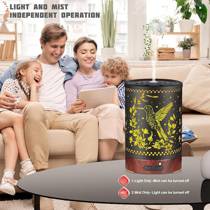 Metal Essential Oils Diffuser 150ML Aromatherapy Diffuser Cool Mist Humidifier with 7 Colors Lights Waterless Auto Off Air Diffusers as Gifts for Moms Women Girls (E-Hummingbird)