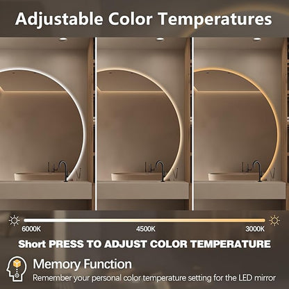 Niccy Half Moon LED Mirror for Bathroom, 32" Semi Backlit Mirror Frameless Makeup Mirror with Light, Anti-Fog, Shatter-Proof, 3 Colors, Smart Vanity Mirror