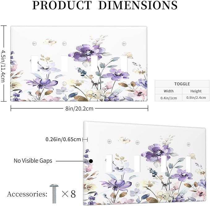 Light Switch Covers Purple Floral Lilac Watercolor Flower Leaves Butterfly Wildflower Quad Toggle 4 Gang Wall Plate Electrical Faceplate Decorative Switch Plates for Bedroom Home Decor