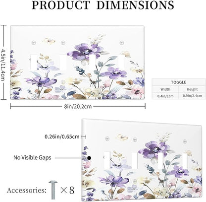 Light Switch Covers Purple Floral Lilac Watercolor Flower Leaves Butterfly Wildflower Quad Toggle 4 Gang Wall Plate Electrical Faceplate Decorative Switch Plates for Bedroom Home Decor