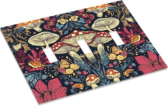 Decorative Light Switch Cover Plate Coloful Red Yellow Orange Magical Mushroom Forest 3 Gang Wall Plate Triple Toggle Switch Plate Covers Electrical Outlet Cover for Bedroom Home Decor