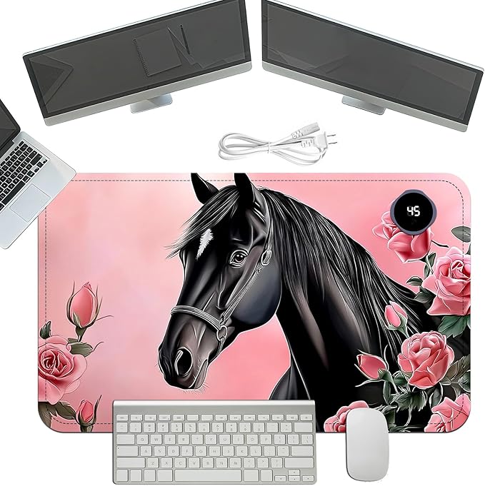 Heated Mouse Pad with 3 Temperature Settings(104°F–122°F),Large 24x14.2 Inch PU Leather Heated Desk Mat,Waterproof Warming Pad for Office,Gaming & Cold Hands Relief,Pink Rose Black Horse