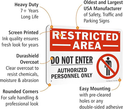 SmartSign (Pack of 4) 7 x 10 inch “Restricted Area - Do Not Enter, Authorized Personnel Only” Metal Sign with Symbol, 40 mil Laminated Rustproof Aluminum, Red, White and Black, Made in USA