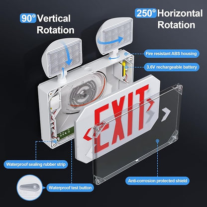 Wet Location Emergency Exit Signs with Adjustable Lights Battery Backup, UL Listed Double Face Exterior Led Exit Sign Combo, Hardwired Waterproof Red Exit Light, AC120/277V, Wall/Side Mount (2 Pack)