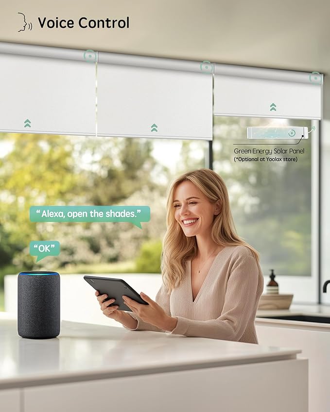 Yoolax Motorized Blinds with Remote, Smart Blinds for Windows Blackout Automatic Shades Work with Alexa Remote Control Roller Window Shades with Valance, Custom Size (Fabric-White)