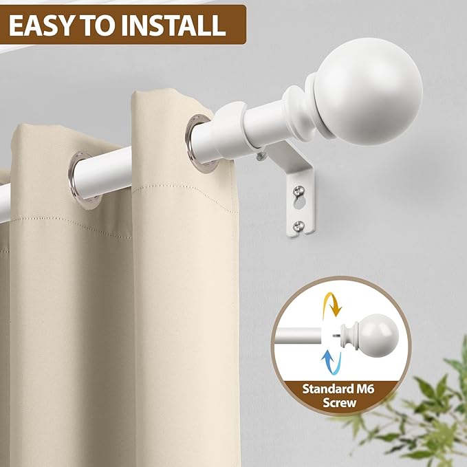 KAMANINA White Curtain Rods for Windows 48 to 84 Inch, 7/8 Inch Adjustable Curtain Rods 32 to 86 Inches (2.6-7.1ft), Single Drapery Rod Adjustable with Round Finials