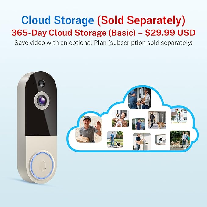 Wireless Doorbell Camera with Rechargeable Battery, 1080P Resolution, 2-Way Audio, Night Vision, AI Human Detection, Cloud Storage, 2.4G WiFi