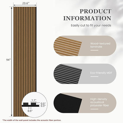 Wood Salt Acoustic Wall Panels, 2 Piece 94" x 23.6" x 0.8" Soundproof Wooden Wall Panels, 3D Fluted Sound Absorbing Panel, Natural Oak