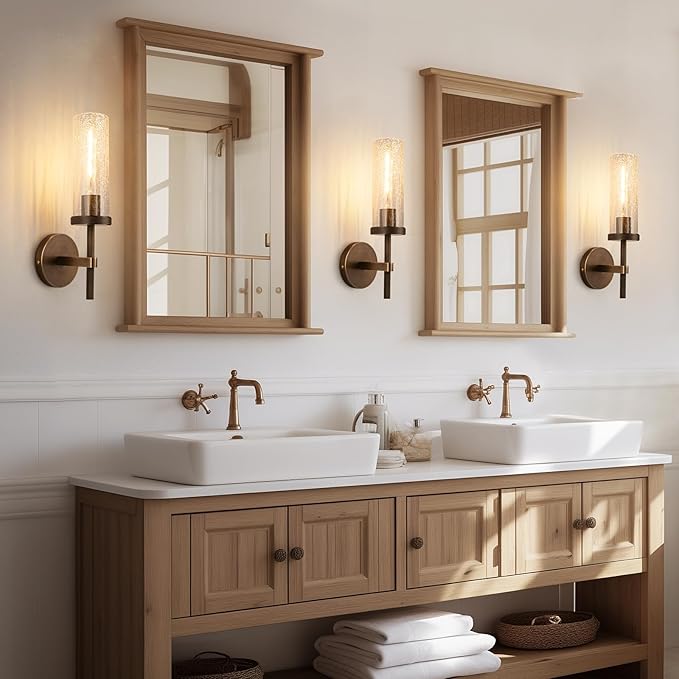 15" Knurled Brass Wall Sconce with Crackle Glass Tube, Bronze Bathroom Vanity Light Fixtures, Modern Lamp Lighting for Bedroom, Living Room, Hallway, Staircase, Mirror, Kitchen