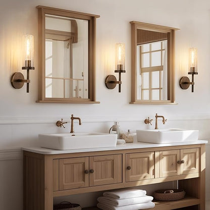15" Knurled Brass Wall Sconces Set of 2, Bronze Bathroom Vanity Light Fixtures with Crackle Glass Tube, Modern Lamp Lighting for Bedroom, Living Room, Hallway, Staircase, Mirror, Kitchen