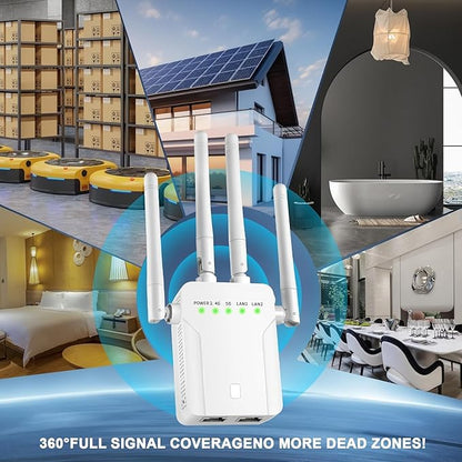 WiFi Extender Signal Booster,WiFi Extender, 5G WiFi Booster (Up to 10000sq. ft for 55+ Devices), WiFi Repeater with 4 Antennas 360° Coverage, WPS 1-Tap Setup with Dual Band 1200Mbps (White)