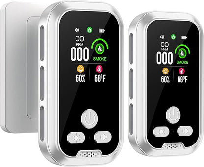 2-Pcs 4IN1 Plug in Smoke & Carbon Monoxide Detector Combination Builti-in 2000 mAh Backup Battery HD Screen [Smoke CO Temp Humidity Sensor] Alarm for Home Travel Hotel Indoor (White)