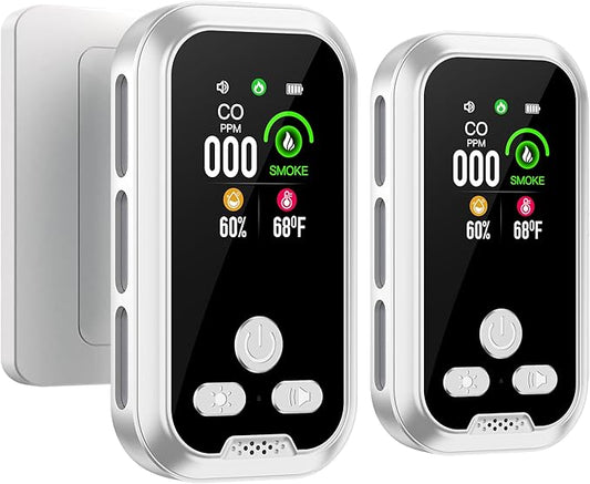 2-Pcs 4IN1 Plug in Smoke & Carbon Monoxide Detector Combination Builti-in 2000 mAh Backup Battery HD Screen [Smoke CO Temp Humidity Sensor] Alarm for Home Travel Hotel Indoor (White)