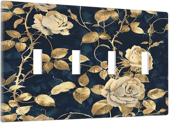 Light Switch Covers Boho Vintage Floral Golden Flower Dark Blue Background Quad Toggle Electrical Faceplate 4 Gang Wall Plate Decorative Switch Plates for Bedroom living Room Decor