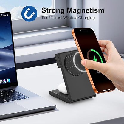 3 in 1 Wireless Charging Station for Multiple Devices, Fast Foldable Travel Mag-Safe Stand for iPhone 17/16/15/14/13 Series, Magnetic Charger for Apple Watch 11/10/Ultra 3/2/AirPods 4 with 20W Adapter