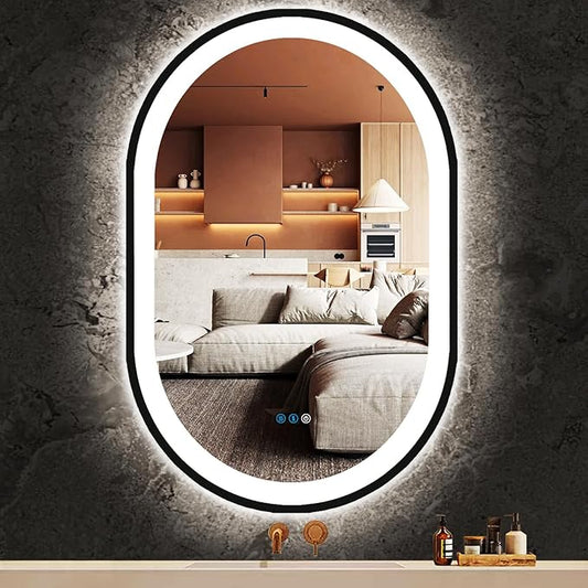 38 x 26 Inch Black Oval LED Mirror for Bathroom Salon Wall Horizontal/Vertical Mounted 38 Inch Black Frame Oval Lighted Mirror with Lights Smart Memory 3 Color Dimmable Front Lights Antifog