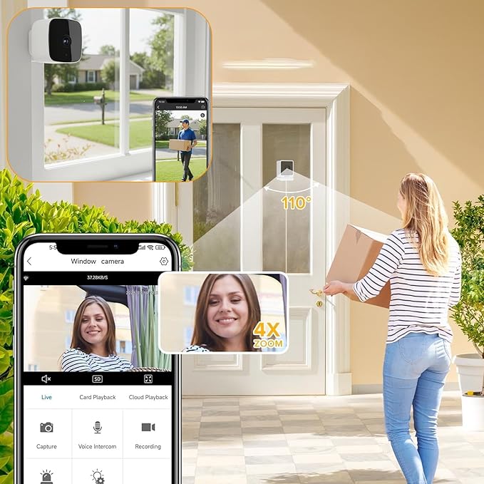 Saker Smart 2K Window Security Camera,2K Dome Security Camera for Indoor Use, 3MP Ultra-Clear Picture with Enhanced Color Night Vision, Wireless Stick-On Installation (with 32GB TF Card)