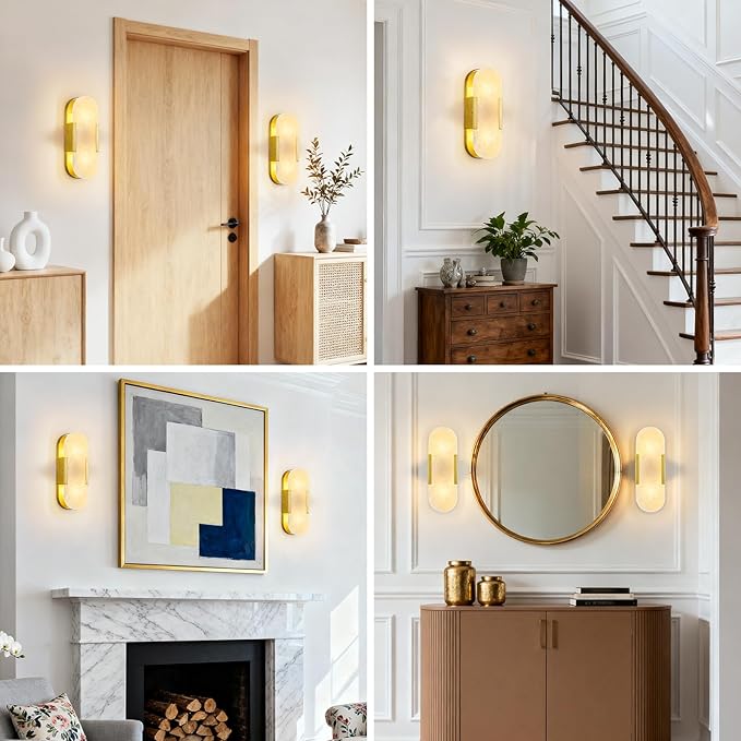 Brass Alabaster Wall Sconce, Modern Natural Marble Wall Sconces for Indoor Lighting, 13.8 in Gold Wall Lights for Bathroom Dining Room Stairs Bedroom (1-Pack)