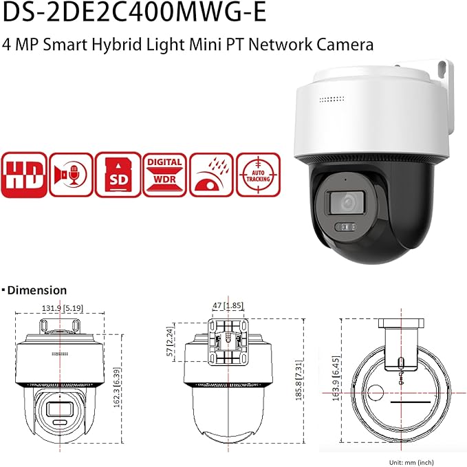 DS-2DE2C400MWG-E Wired PT 4MP PoE IP Camera with 345° pan and 80° tilt, Auto-Tracking Lite, Smart Hybrid Light, IP66, 2-Way-Audio,2.8mm Lens, International English Version