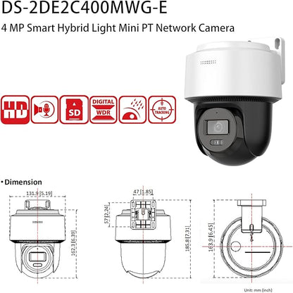 DS-2DE2C400MWG-E Wired PT 4MP PoE IP Camera with 345° pan and 80° tilt, Auto-Tracking Lite, Smart Hybrid Light, IP66, 2-Way-Audio,2.8mm Lens, International English Version