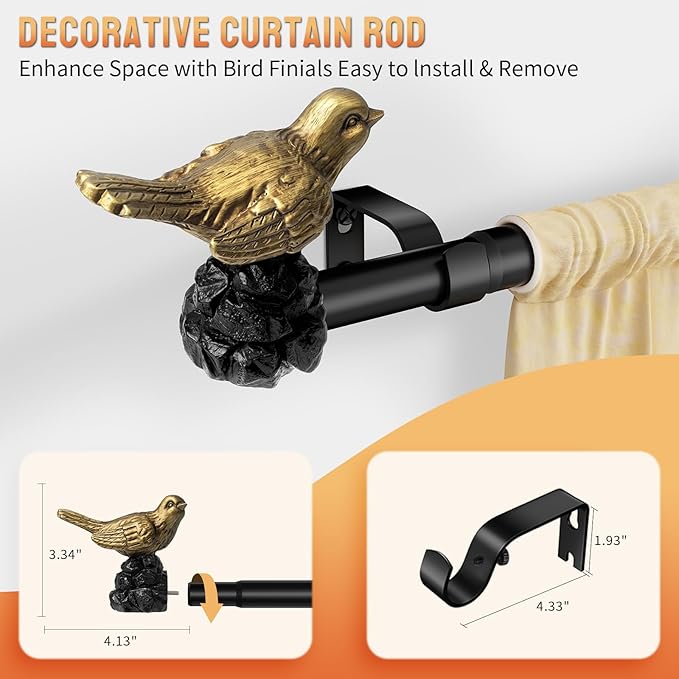 Decorative Black Curtain Rod 18 to 45 Inches Adjustable Drapery Rod with Bird Finials Heavy Duty Curtain Rods for Windows Living Room Kitchen
