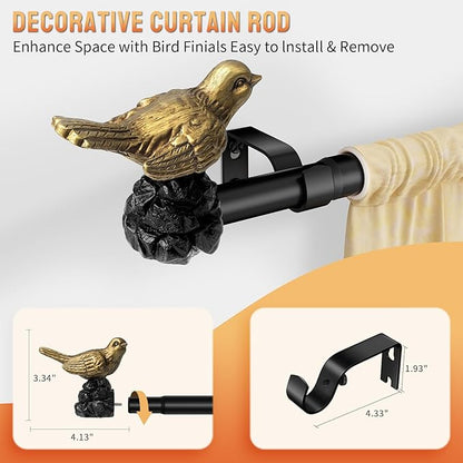 Decorative Black Curtain Rod 18 to 45 Inches Adjustable Drapery Rod with Bird Finials Heavy Duty Curtain Rods for Windows Living Room Kitchen
