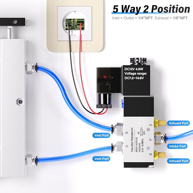 TAILONZ PNEUMATIC 1/4"NPT Solenoid Valve 4V210-08 DC12V Single Coil Pilot-Operated Electric 2 Position 5 Way Connection Type Junction Box