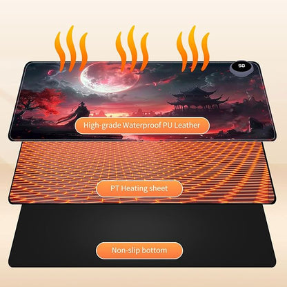 Small Heated Desk Pad 23.6" x 14.2" – Compact Electric Mouse Pad with 3 Heating Levels, Auto Shut-Off, Waterproof PU Surface, Plug-in Warmer for Office or Home Use, Bloody Moonlight