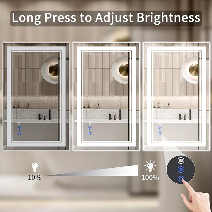 30"x40" LED Bathroom Mirror with Lights, Anti-Fog, Backlit + Front Lit, Dimmable, Led Vanity Mirror for Wall, Lighted Bathroom Mirror, 3 Colors, Shatter-Proof Tempered Glass