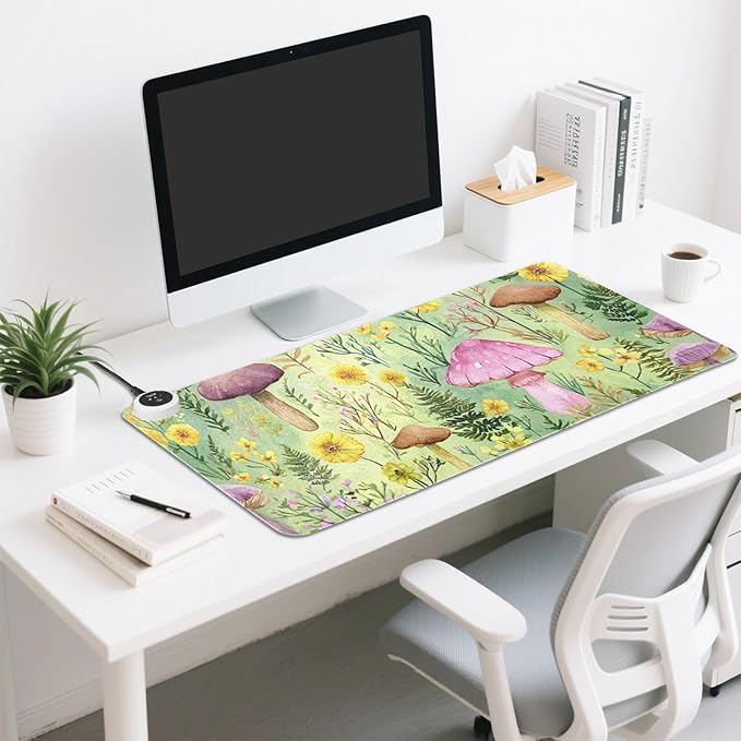 Heated Desk Pad Mouse Pad 31.5x13 Inch PU Leather Desk Mat with 3 Heat Levels Large Mouse Gaming Computer Laptop Mat Watercolor Mushrooms Green