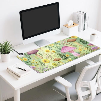 Heated Desk Pad Mouse Pad 31.5x13 Inch PU Leather Desk Mat with 3 Heat Levels Large Mouse Gaming Computer Laptop Mat Watercolor Mushrooms Green