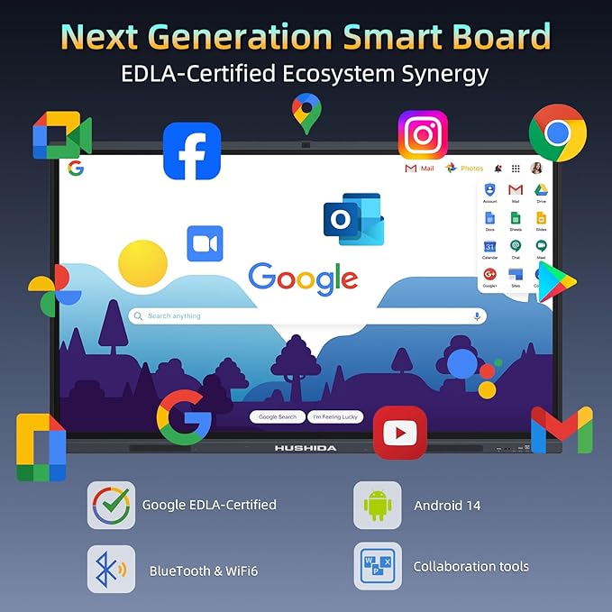 86" Smart Board Google EDLA-Certified 4K Interactive Whiteboard SmartBoard for Classroom & Office Business, Android 14 Touchscreen with 13MP AI Camera 8G RAM+64G ROM, 40-Points, Wall Mount Included