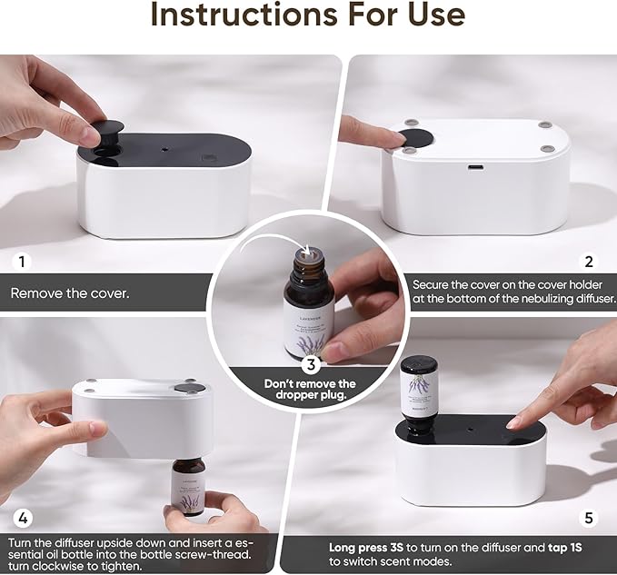 Waterless Diffuser for Essential Oil, Battery Operated Scent Air Aromatherapy Diffuser, Mini Aroma Diffusers with 3 Intermittent Mist Modes, Cycle Start for 400-700 sq.ft Home Office Bedroom