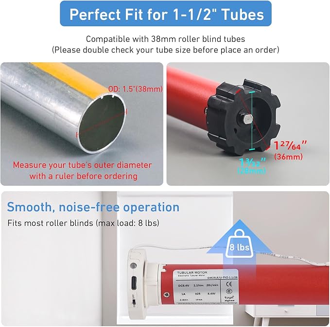 Zigbee Roller Blinds Motor – Smart Tubular Motor for 1-1/2" (38mm) Tubes – 5V Rechargeable, Works with Tuya Zigbee Gateway – Voice & App Control (Alexa/Google Home) Controlled Motors for Smart Shades