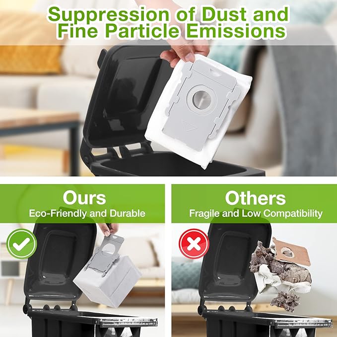 8 Pack Vacuum Bags for iRobot Roomba, Effective Dust Filtration, Compatible with i3+ i4+ i5+ i6+ j6+ i7+ j7+ i8+ J8+ J9+ s9+ 104 105 405 505 705 Combo & All Clean Base Auto Dirt Disposal bag