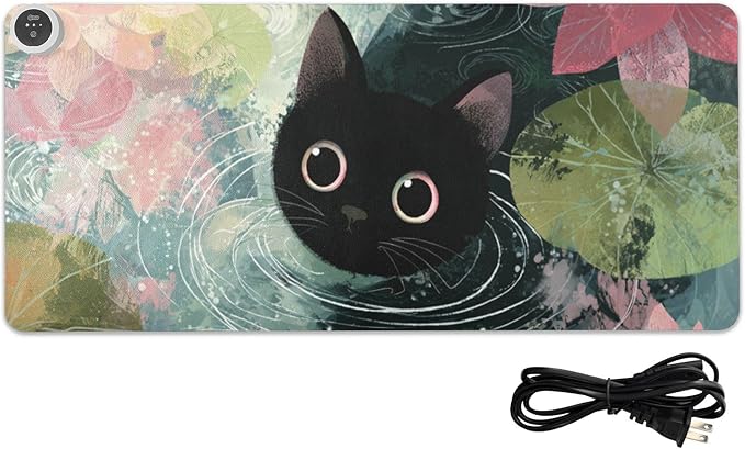 Heated Desk Pad Mouse Pad 31.5x13 Inch PU Leather Desk Mat with 3 Heat Levels Large Mouse Gaming Computer Laptop Mat Cat Lotus Flowers Blue