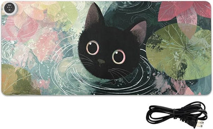 Heated Desk Pad Mouse Pad 31.5x13 Inch PU Leather Desk Mat with 3 Heat Levels Large Mouse Gaming Computer Laptop Mat Cat Lotus Flowers Blue