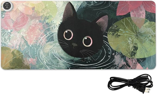Heated Desk Pad Mouse Pad 31.5x13 Inch PU Leather Desk Mat with 3 Heat Levels Large Mouse Gaming Computer Laptop Mat Cat Lotus Flowers Blue