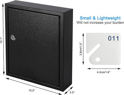 KYODOLED Key Storage Lock Box with Key, Locking Key Cabinet, 60 Key Management Wall Mount with Key Lock, Key Hooks & Tags Key Labels, 2.5" D x 10.2" W x 12.1" H (Black,60 Key)