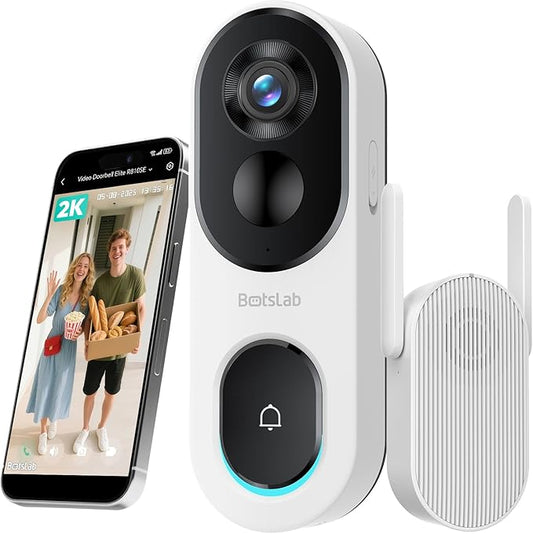 BOTSLAB 2K Doorbell Camera Wireless, 180° Head-to-Toe View, No Monthly Fee, Video Doorbell with 2-Way Audio, Human Detection, 5200mAh Battery, 2.4Ghz WiFi