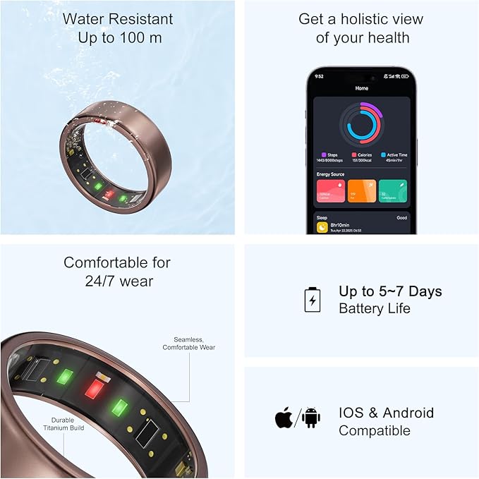 Ring OnePlus - Ultra-Thin Titanium Smart Ring - 7 Days Battery Life - Fitness/SPO₂/Stress/HR/Sleep Skin Temperature Tracker - No App Fee - iOS&Android Compatible (Rosegold,7)