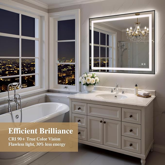 48X40 Inch LED Bathroom Mirror with Lights, Black Frame Frontlit+ Backlit Bathroom Vanity Mirror for Wall, Ultra-Clear Tempered Glass, Shatter-Proof, Anti-Fog and Memory Function, ETL Listed