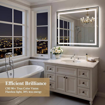 48X40 Inch LED Bathroom Mirror with Lights, Black Frame Frontlit+ Backlit Bathroom Vanity Mirror for Wall, Ultra-Clear Tempered Glass, Shatter-Proof, Anti-Fog and Memory Function, ETL Listed