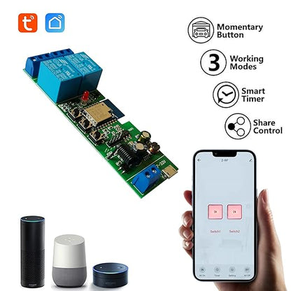 Jane Eyre WiFi Wireless Relay Module 2 Channel Remote Switch Momentary/Self-Locking Relay for Tuya/Smart Life APP with 433MHz RF Remote Control Compatible with Alexa and Google Assistant