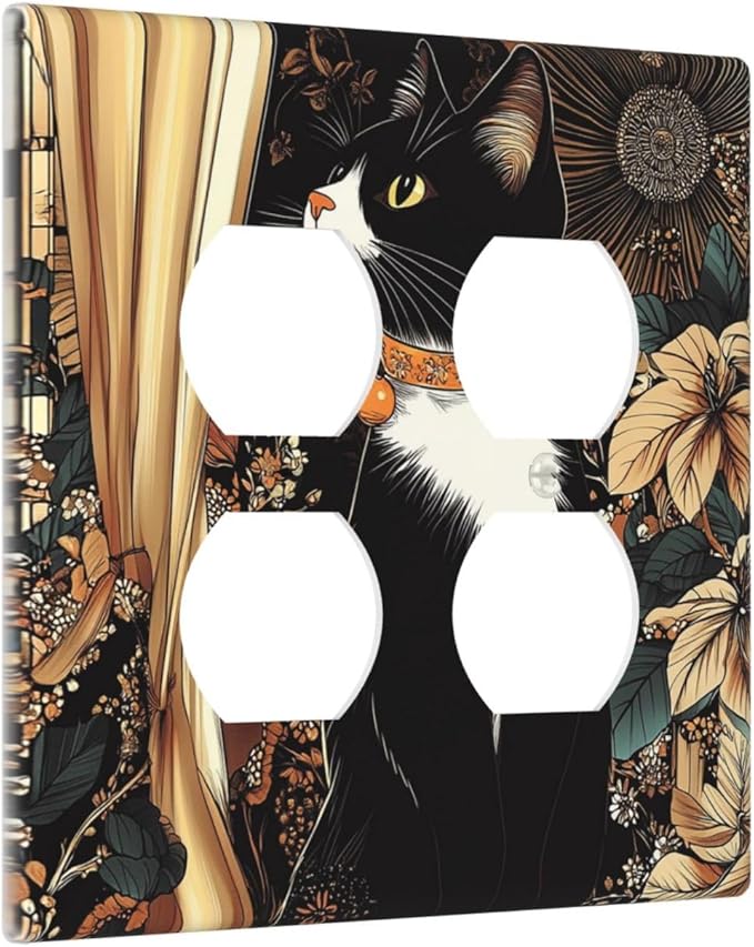 Outlet Covers Boho Mandala Floral Black Cat Vintage Flower 2 Gang Double Duplex Decorative Light Switch Covers Electrical Wallplates Socket Faceplate For Farmhouse Home Decor