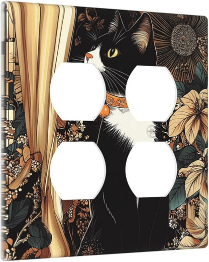 Outlet Covers Boho Mandala Floral Black Cat Vintage Flower 2 Gang Double Duplex Decorative Light Switch Covers Electrical Wallplates Socket Faceplate For Farmhouse Home Decor