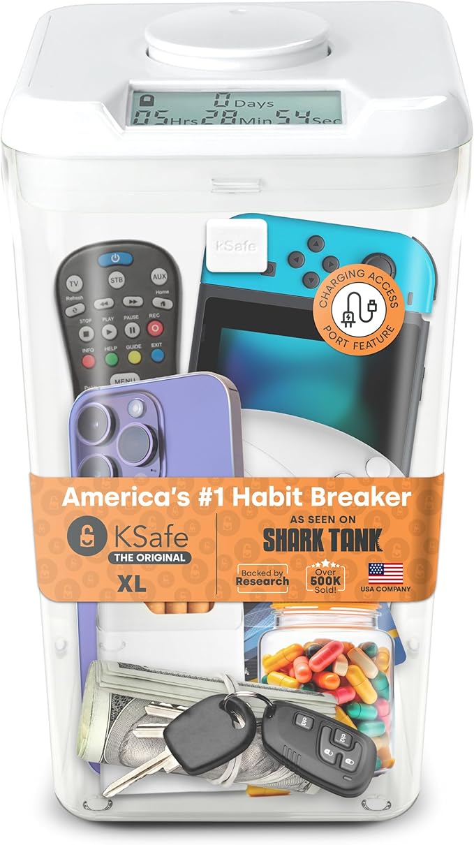 kSafe Time Locking Container XL – Tech Lock Box for Tablets, Game Controllers, Large Snack Bags, BPA-Free Plastic, No Overrides, 5.5” W x 10.4” L, White Lid, Clear Base