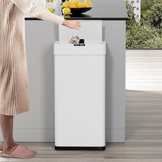 TLSUNNY 16 Gallon Motion Sensor Trash Can,Touchless Automatic Garbage Can,Brushed Stainless Steel Smart Bin,with Bag Holder,Soft Close Lid,for Kitchen,Office,RV,Bedroom,Living Room (White, 60L)