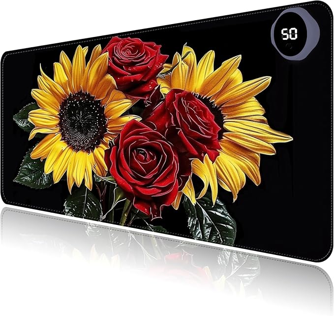 Heated Mouse Pad with 3 Levels Heated & 3 Hours Auto Shut-Off Mouse Pad for Warming Hands in Office Home, 31.5" x 13"Large Safe Desk Mat Hand Warmer，Rose Sunflower