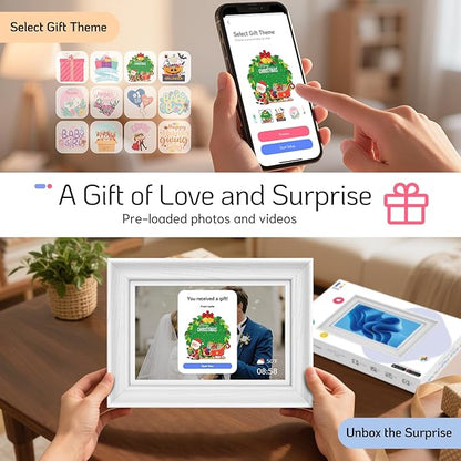NexFoto Touchscreen Digital Picture Frame 10.1 Inch 64GB, WiFi Photo Frame Electronic, Add Pics from Google Photos, Easy to Share Videos via App/USB/Micro SD, for Christmas/Mom/Birthday, White Wood